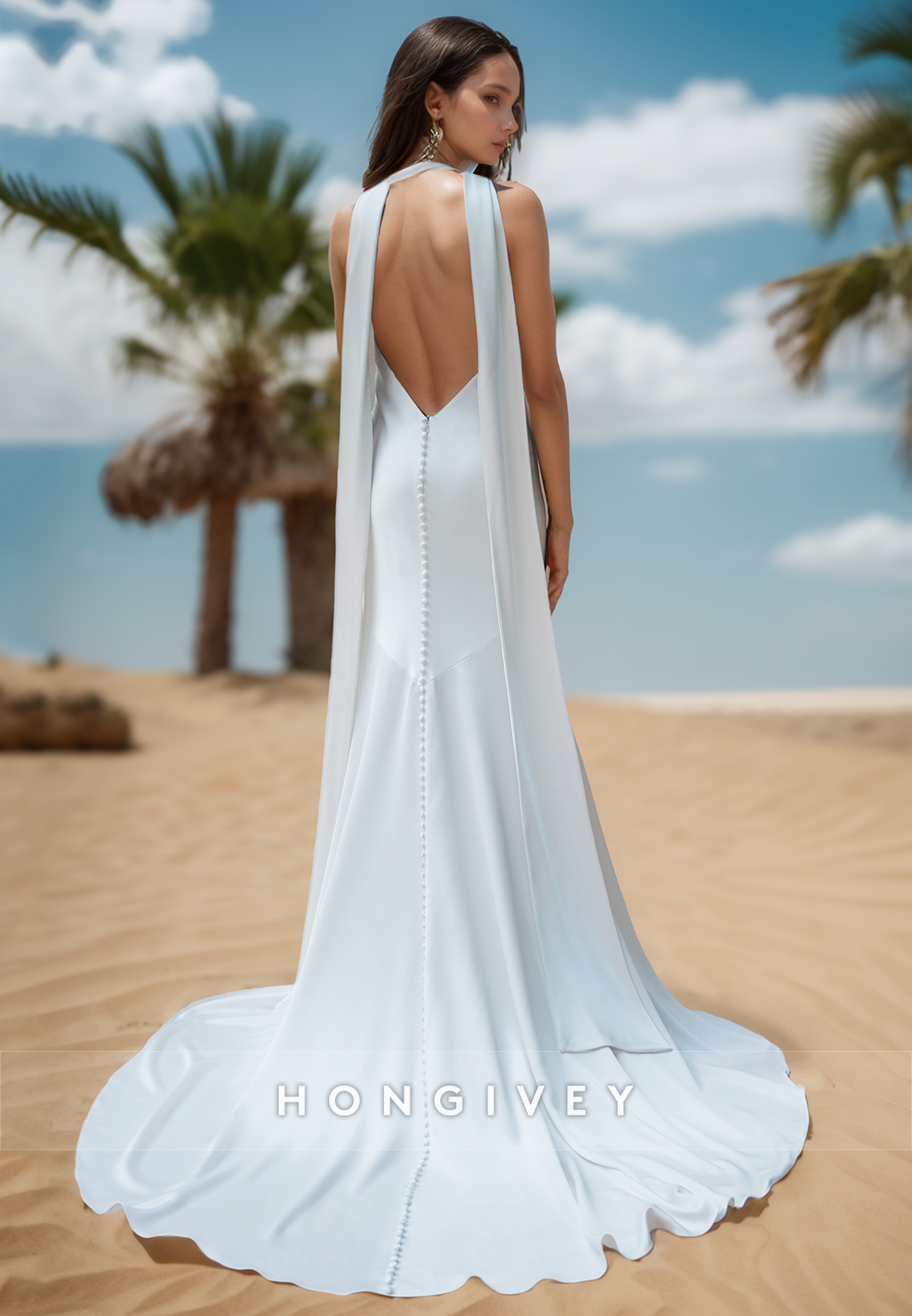 V-Neck Halter Button Beach Mermaid Wedding Dresses with Brush Train