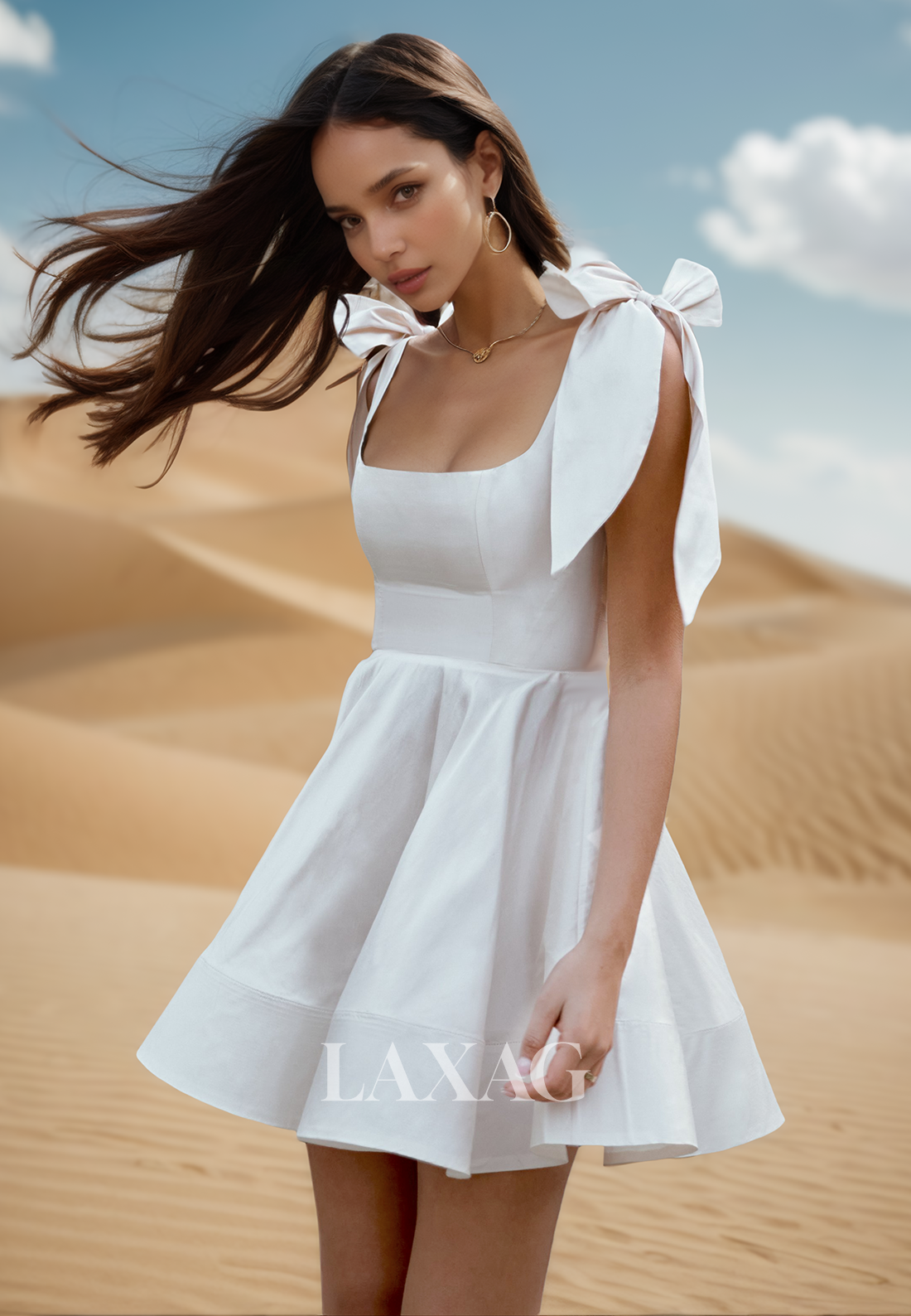 Square-Neck Bows-Straps Off-Shoulder A-Line Wedding Dress Sleeveless Short Satin Beach Bride Gowns