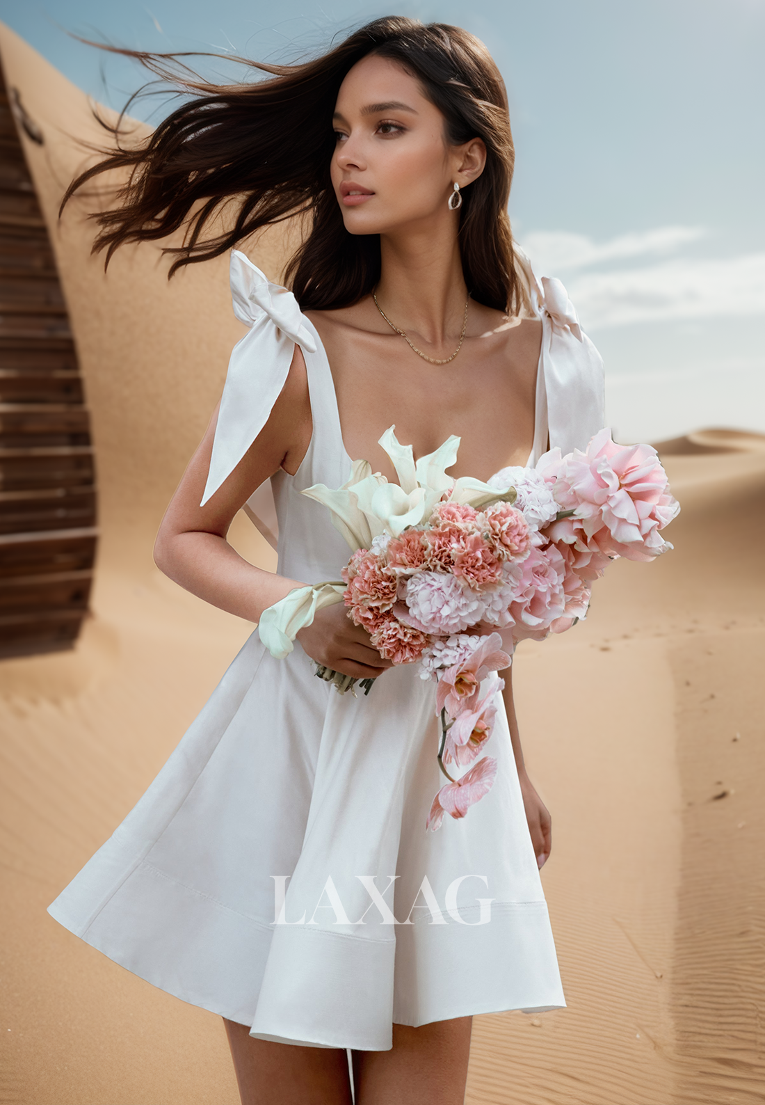 Square-Neck Bows-Straps Off-Shoulder A-Line Wedding Dress Sleeveless Short Satin Beach Bride Gowns