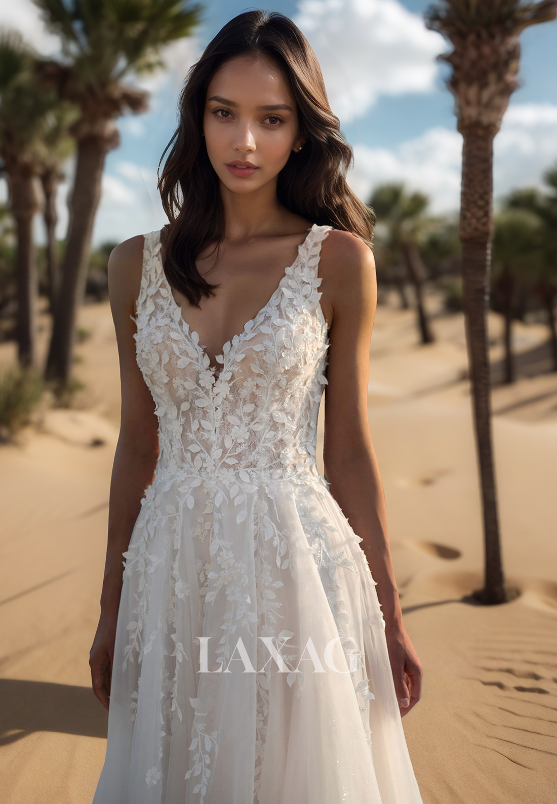 V-Neck Straps Off-Shoulder Sleeveless Bride Gowns Foliage Motif Applique Tulle A-Line Wedding Dress