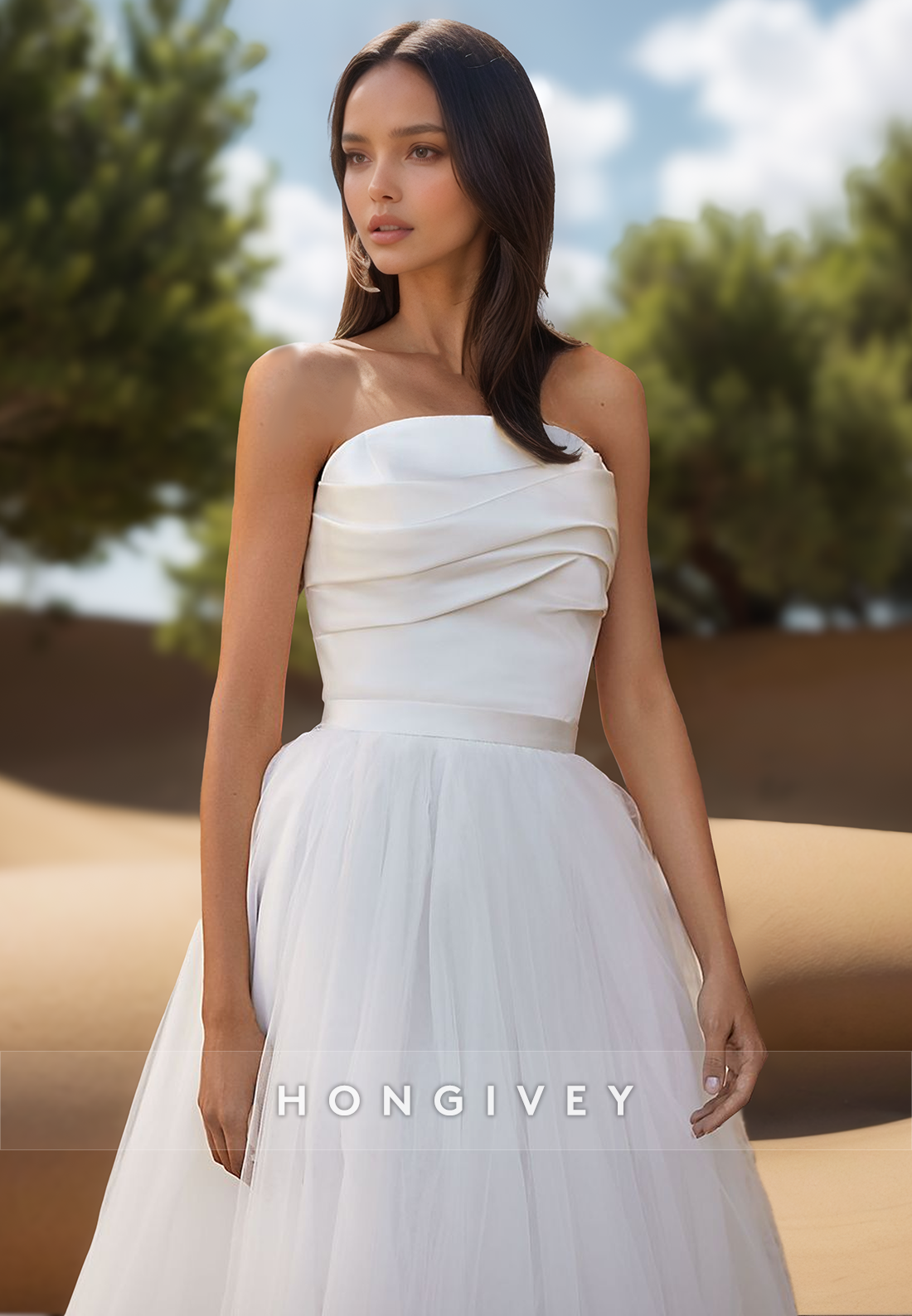 A Line Strapless Sleeveless Pleats Simple Cheap Wedding Dress with Sweep Train
