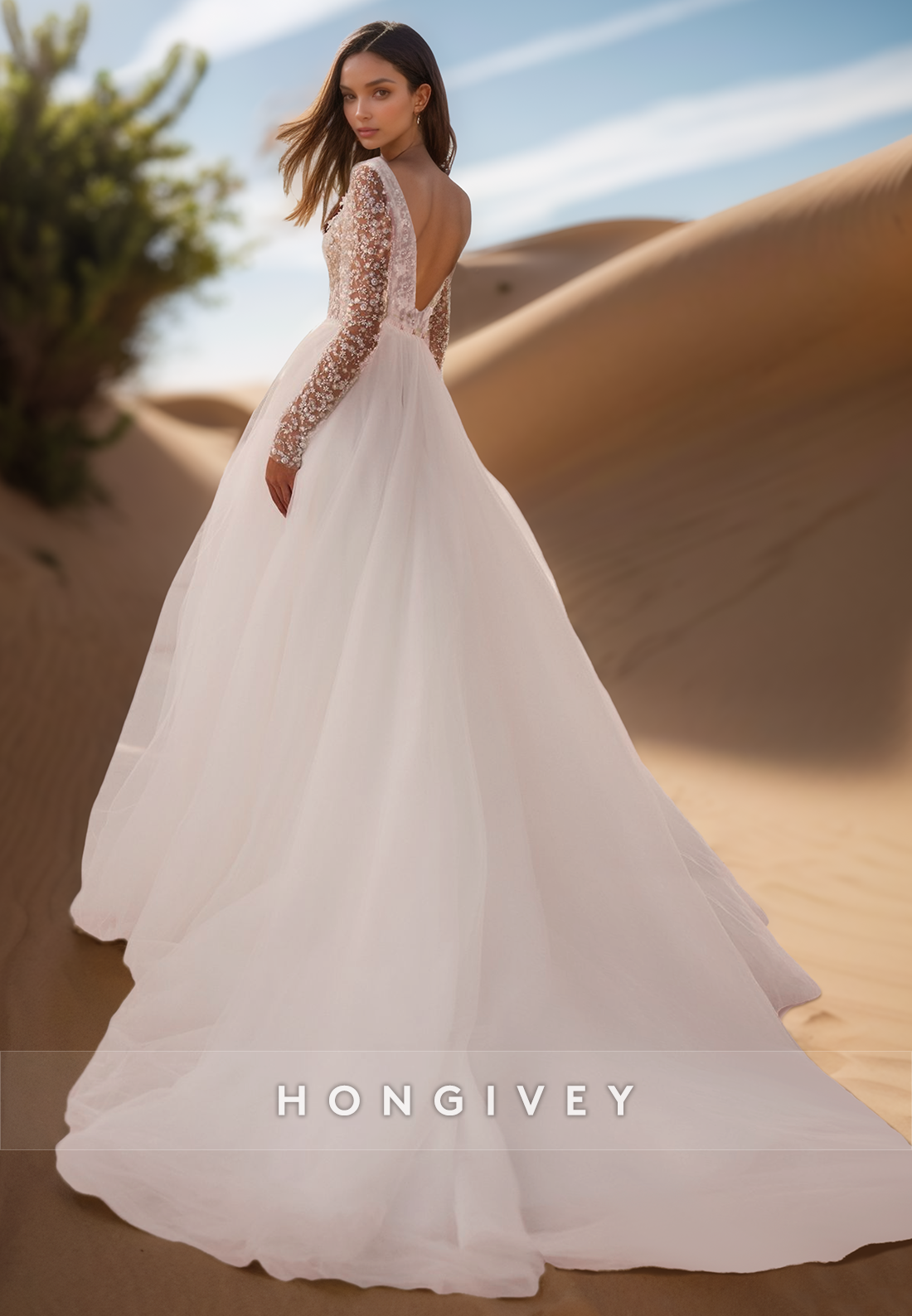 A-Line Deep V-Neck Long Sleeve Floral Lace Couture Wedding Dresses