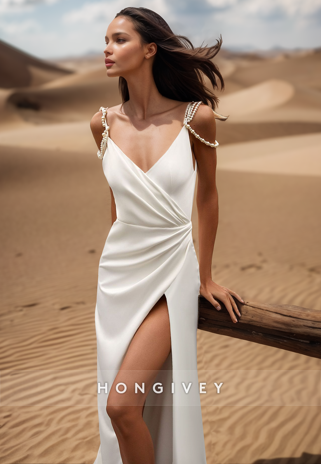 V-Neck Spaghetti Straps Long Side Slit Pearl Wedding Dresses With Train