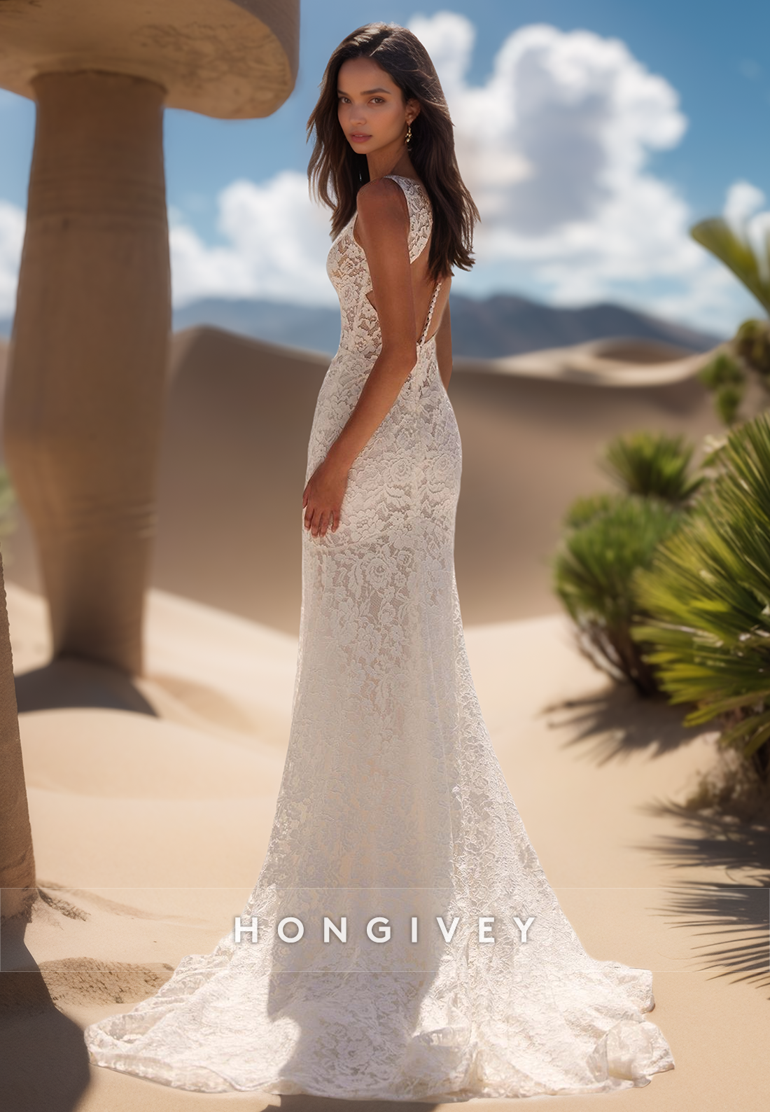Deep V-Neck Floral Lace Beaded Fitted Sexy Wedding Dresses With Train
