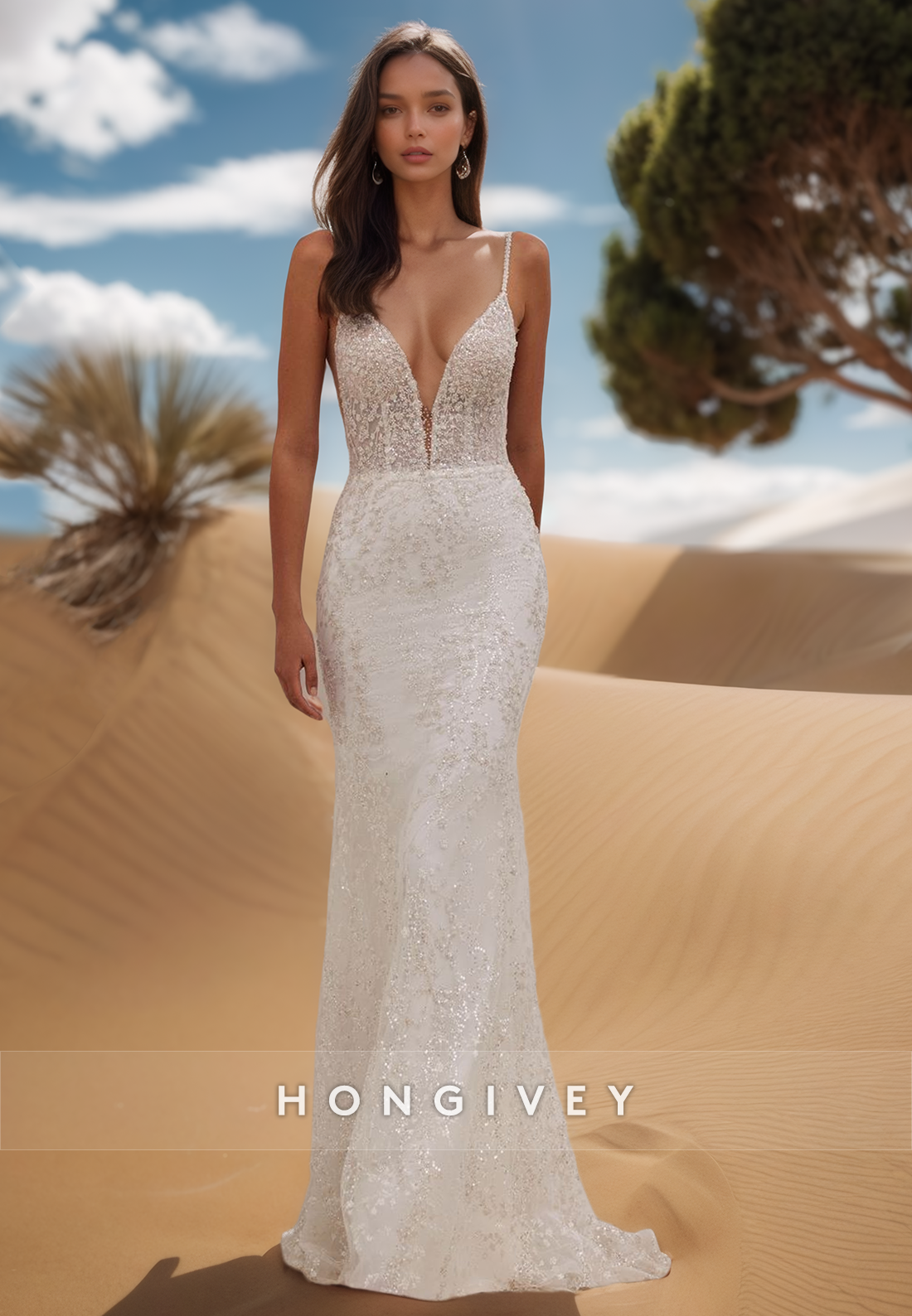 Deep V-Neck Beaded Lace Ornate Wedding Dresses With Tulle Train