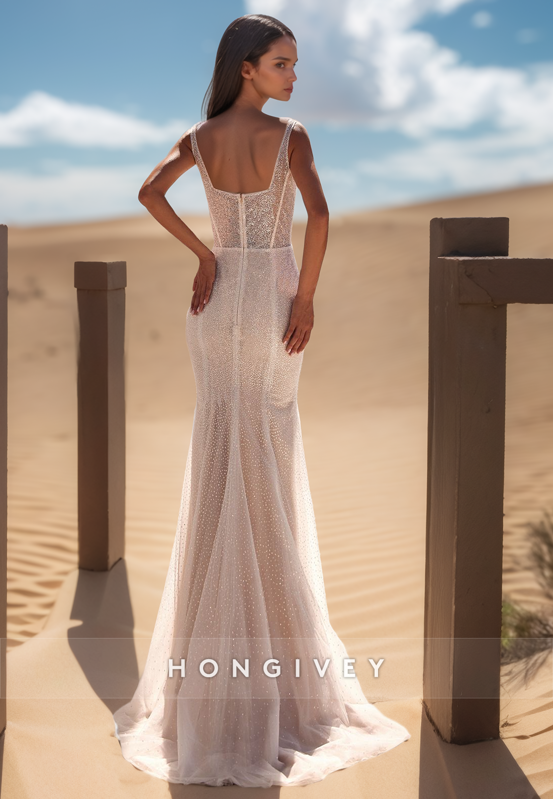 Scoop Sleeveless Glitter Fitted Couture Wedding Dresses With Side Slit