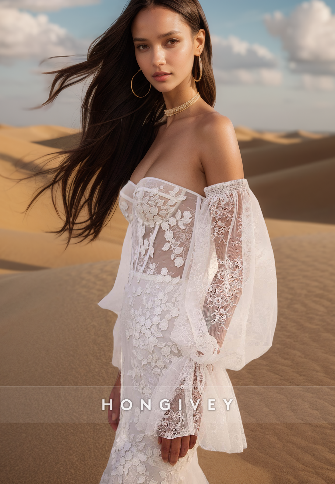 Allover Lace Sweetheart Detachable Long Sleeves Floral Lace Appliques Mermaid Wedding Dresses