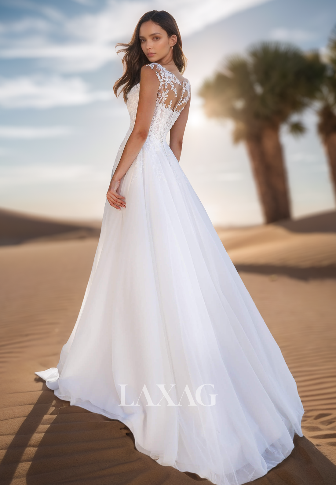 Deep V-Neck Sleeveless High Slit A-Line Wedding Dress Applique Pleated Sheer Tulle Bride Gowns