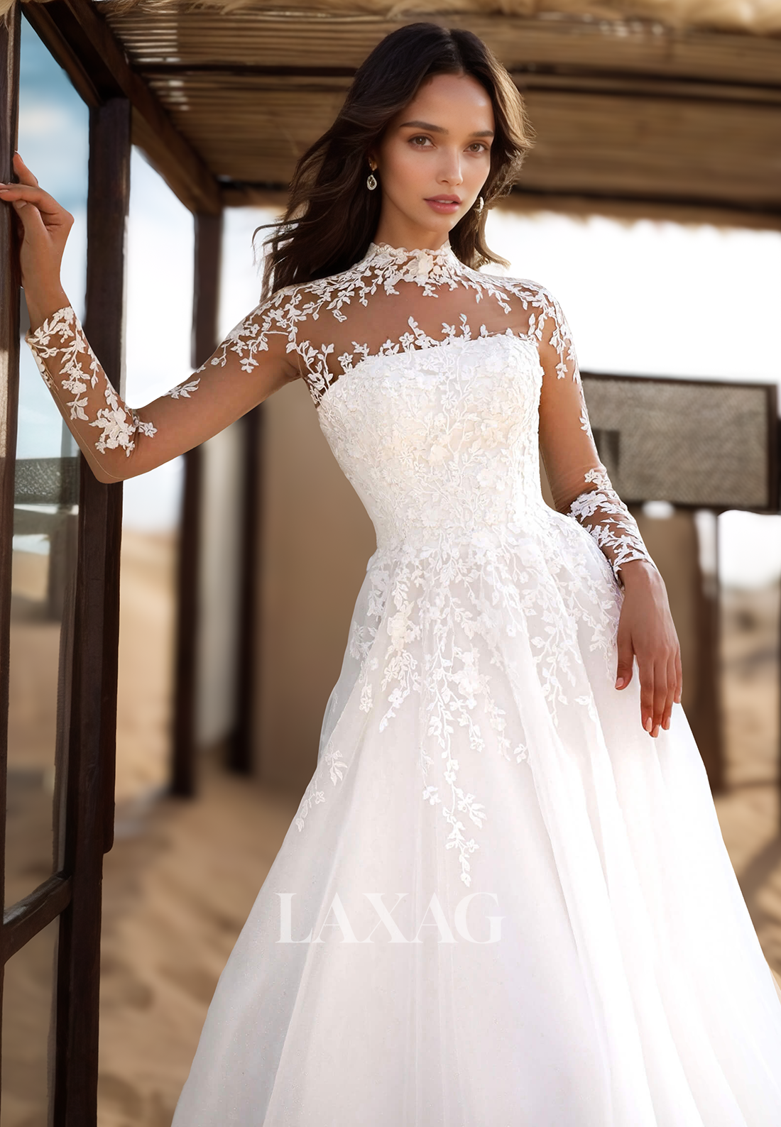 High-Neck Long-Sleeves Sheer A-Line Wedding Dress Applique Pleated Floor-Length Tulle Bride Gowns