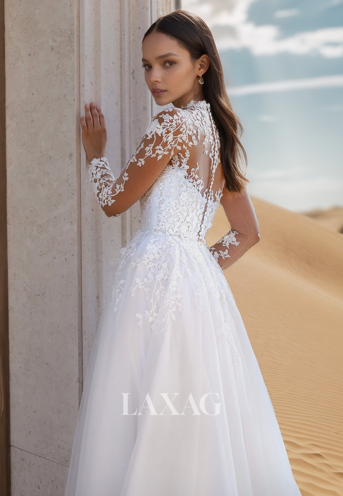 High-Neck Long-Sleeves Sheer A-Line Wedding Dress Applique Pleated Floor-Length Tulle Bride Gowns