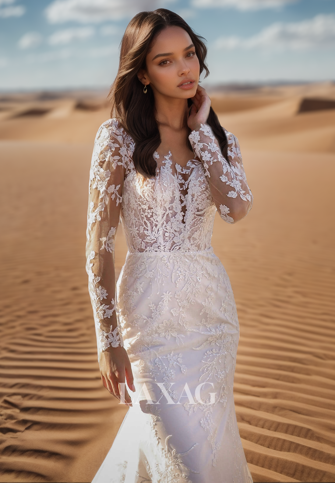 Long-Sleeves Deep V-Neck Beaded Applique Bride Gowns Pleated Sheer Sweep Train Mermaid Wedding Dress