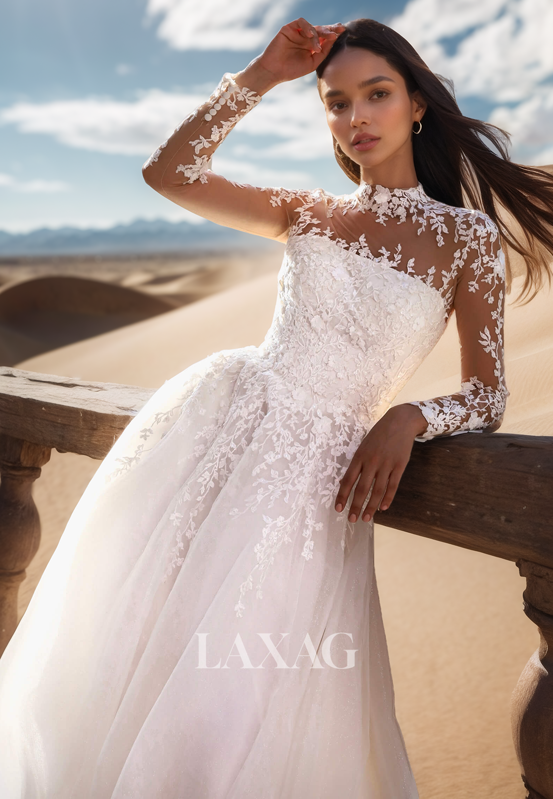 High-Neck Long-Sleeves Sheer A-Line Wedding Dress Applique Pleated Floor-Length Tulle Bride Gowns