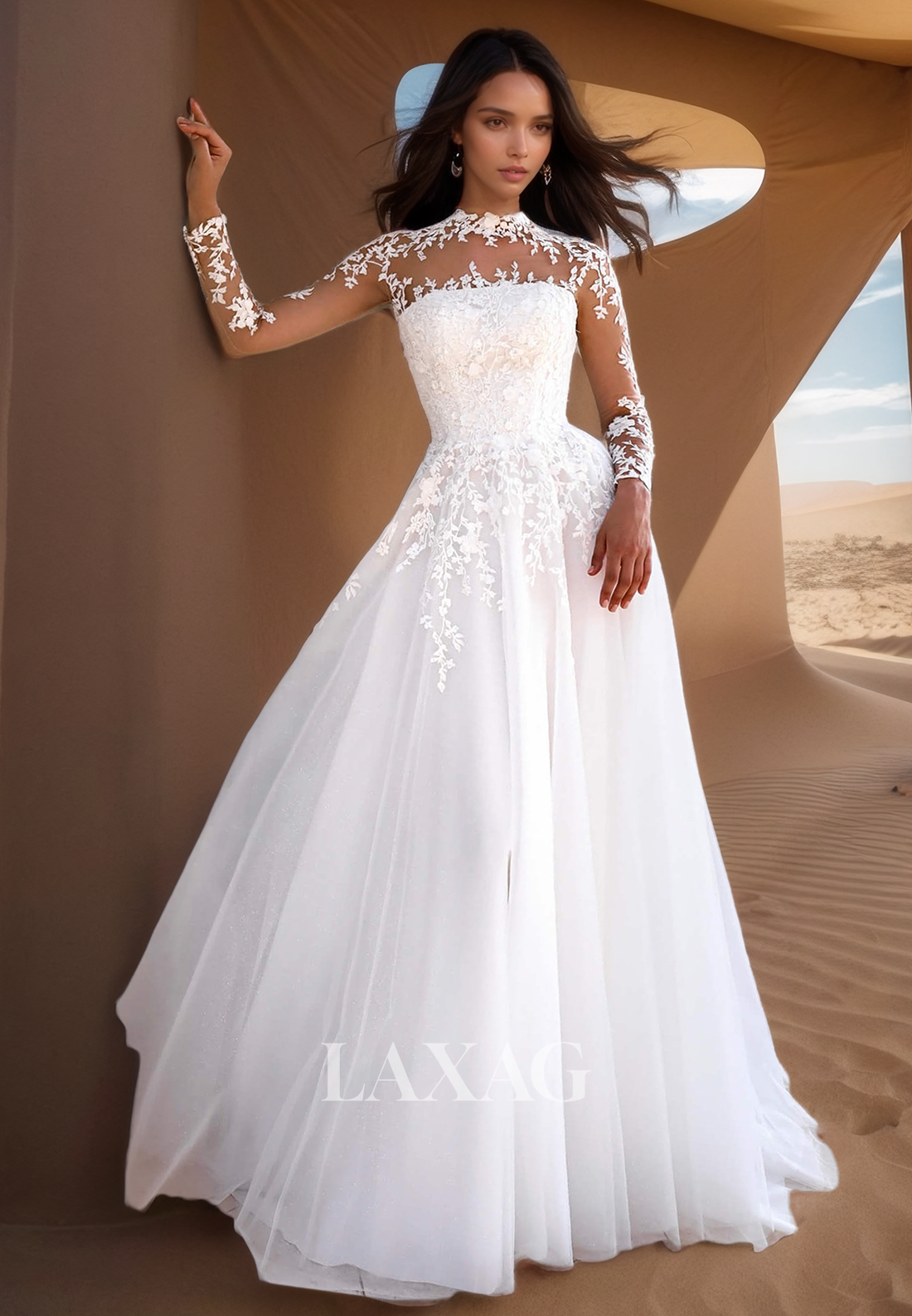 High-Neck Long-Sleeves Sheer A-Line Wedding Dress Applique Pleated Floor-Length Tulle Bride Gowns