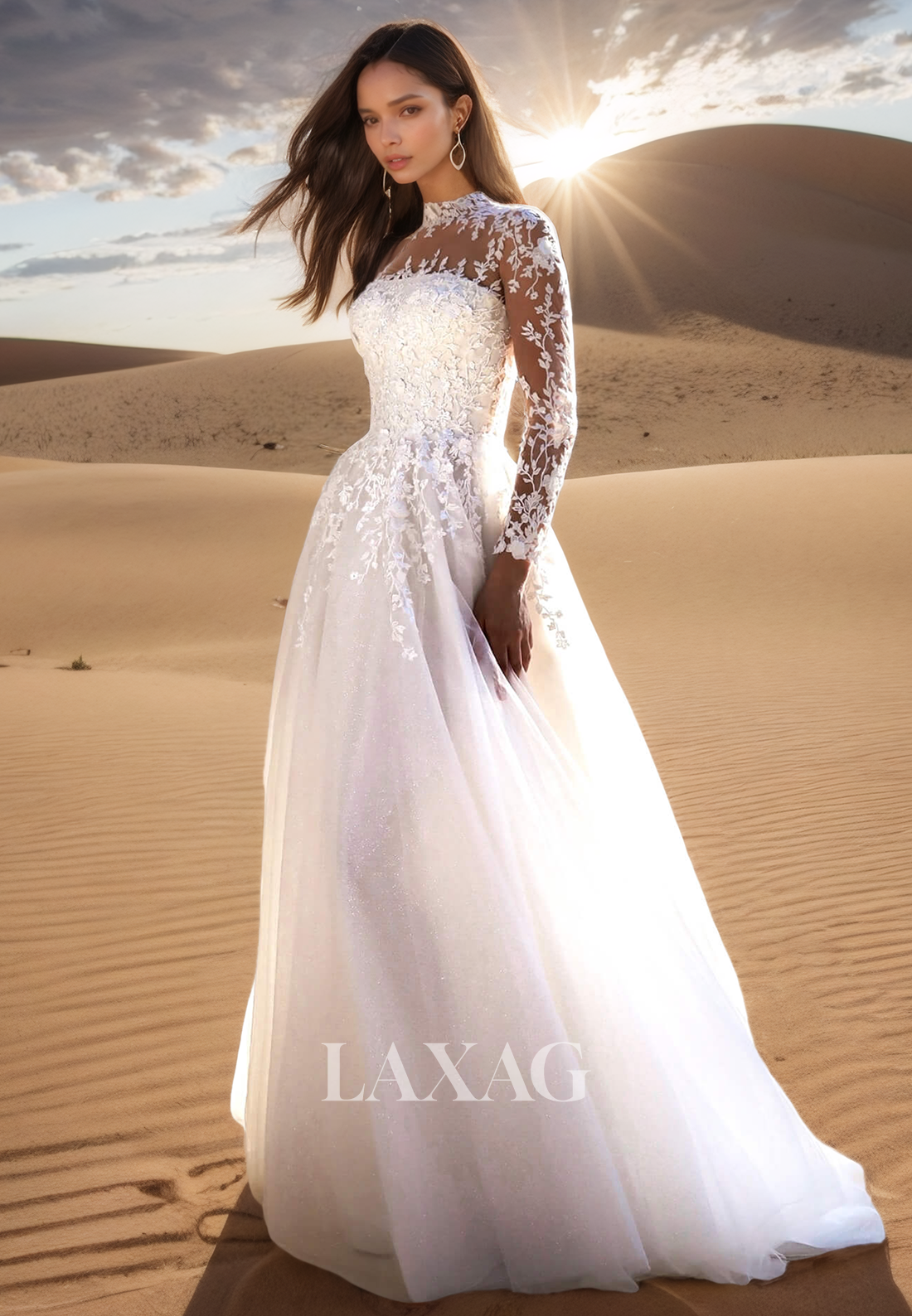 High-Neck Long-Sleeves Sheer A-Line Wedding Dress Applique Pleated Floor-Length Tulle Bride Gowns