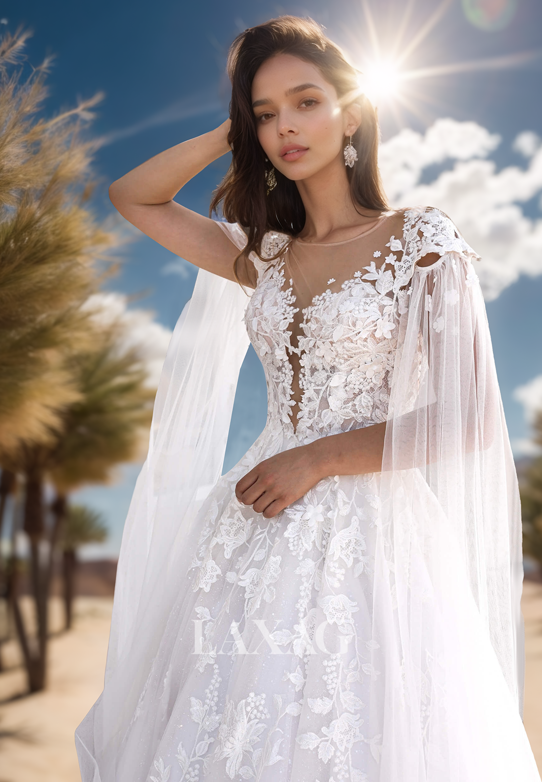 Plunging V-Neck Applique Sequined Pleated Bride Gowns Sleeveless Tulle A-Line Wedding Dress