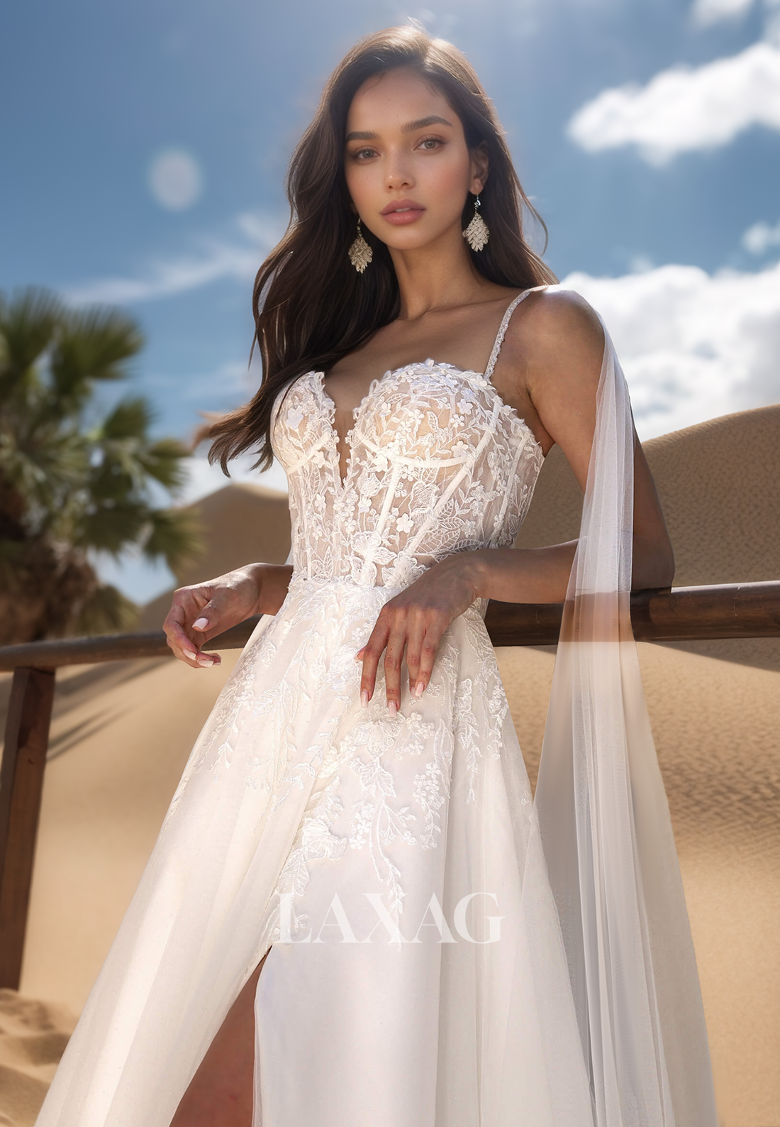 Sweetheart Spaghetti Straps Lace Applique Pleated Sheer Tulle A-Line Wedding Dress with High Slit