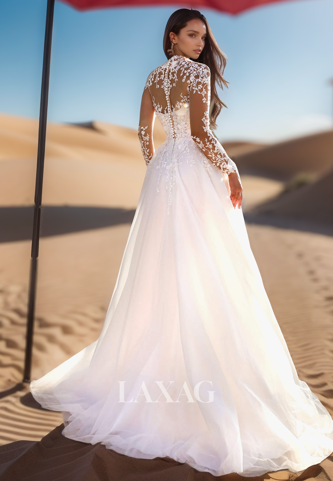 High-Neck Long-Sleeves Sheer A-Line Wedding Dress Applique Pleated Floor-Length Tulle Bride Gowns