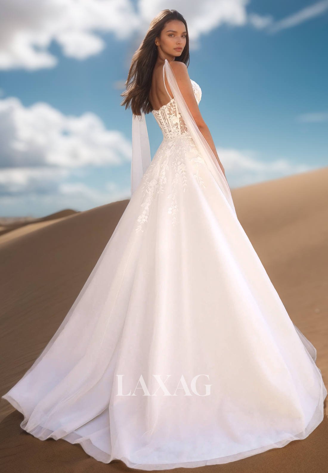 Sweetheart Spaghetti Straps Lace Applique Pleated Sheer Tulle A-Line Wedding Dress with High Slit