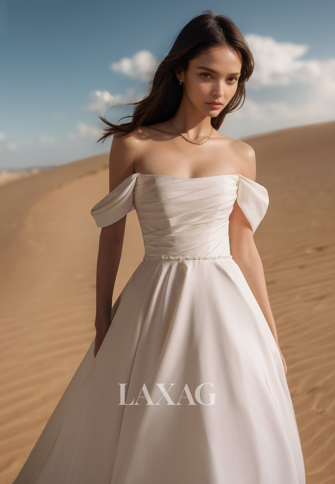 Simple Tube Top Off-Shoulder Sleeveless Beaded Pleated Satin A-Line Wedding Dress with Sweep Train