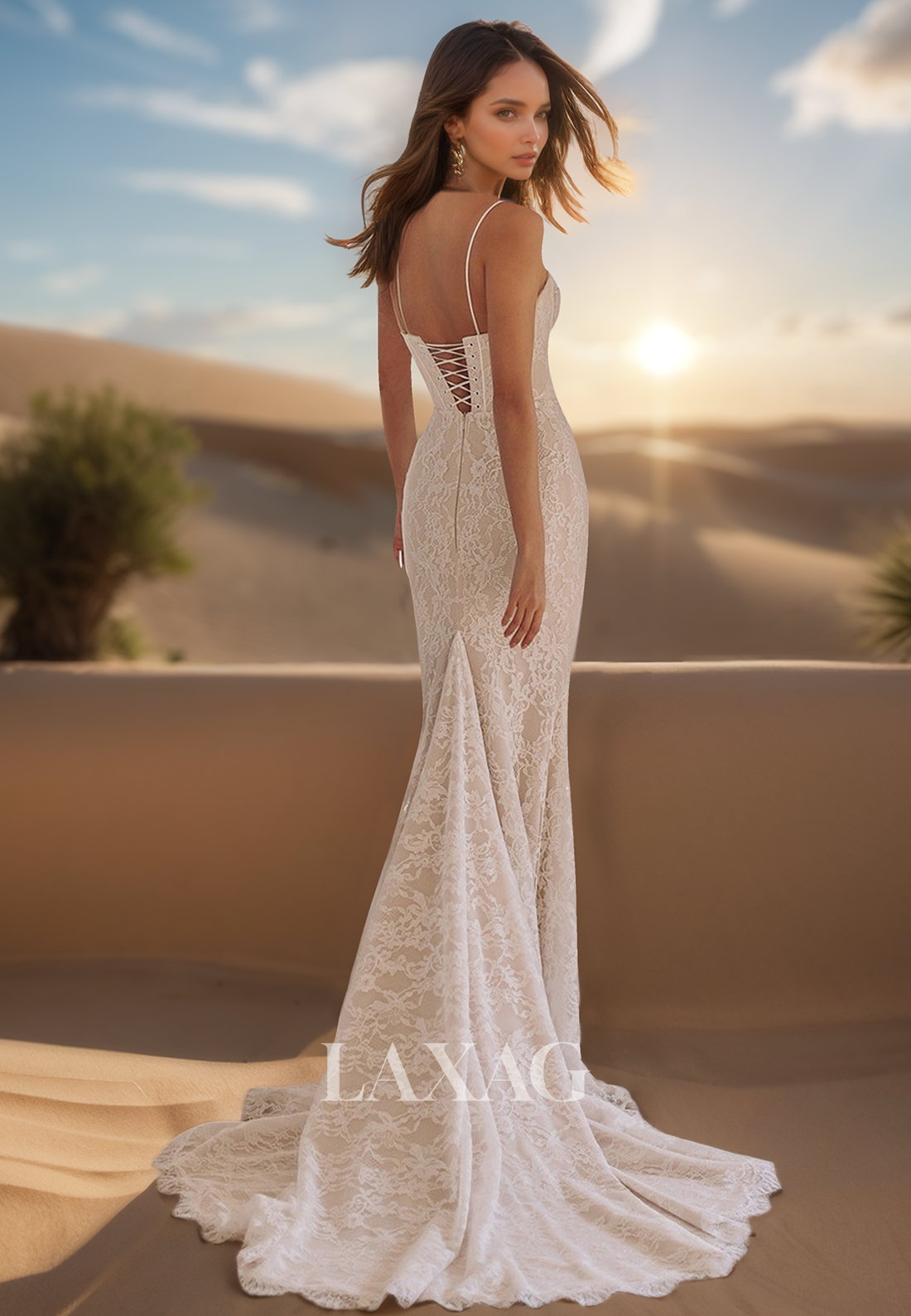 Spaghetti Straps Sweetheart Long-Sleeves Bride Gowns Allover Lace Sweep Train Mermaid Wedding Dress