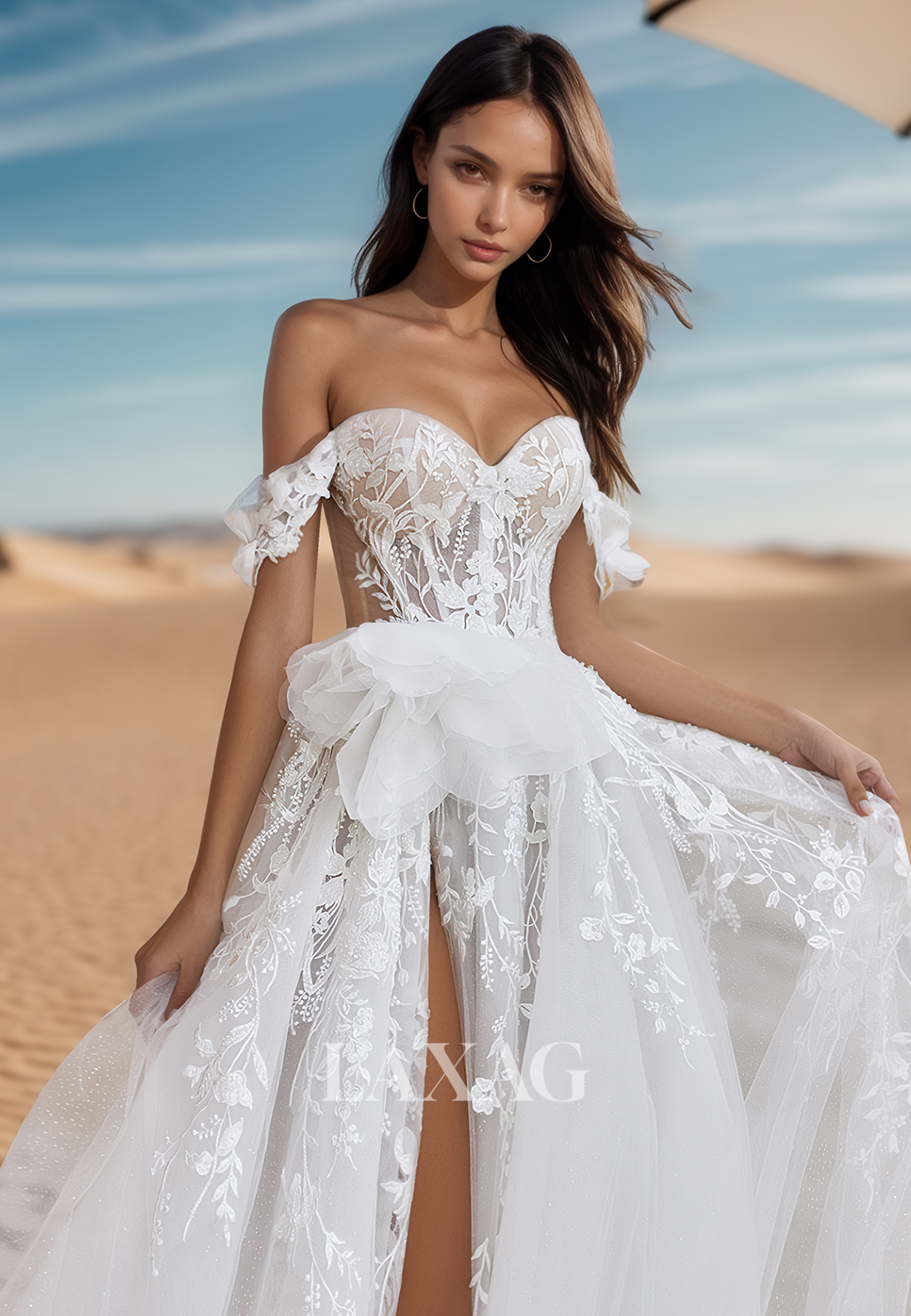 A-Line Sweetheart Sleeveless Tulle Wedding Dress Beaded Applique Pleated High Slit Bride Gowns