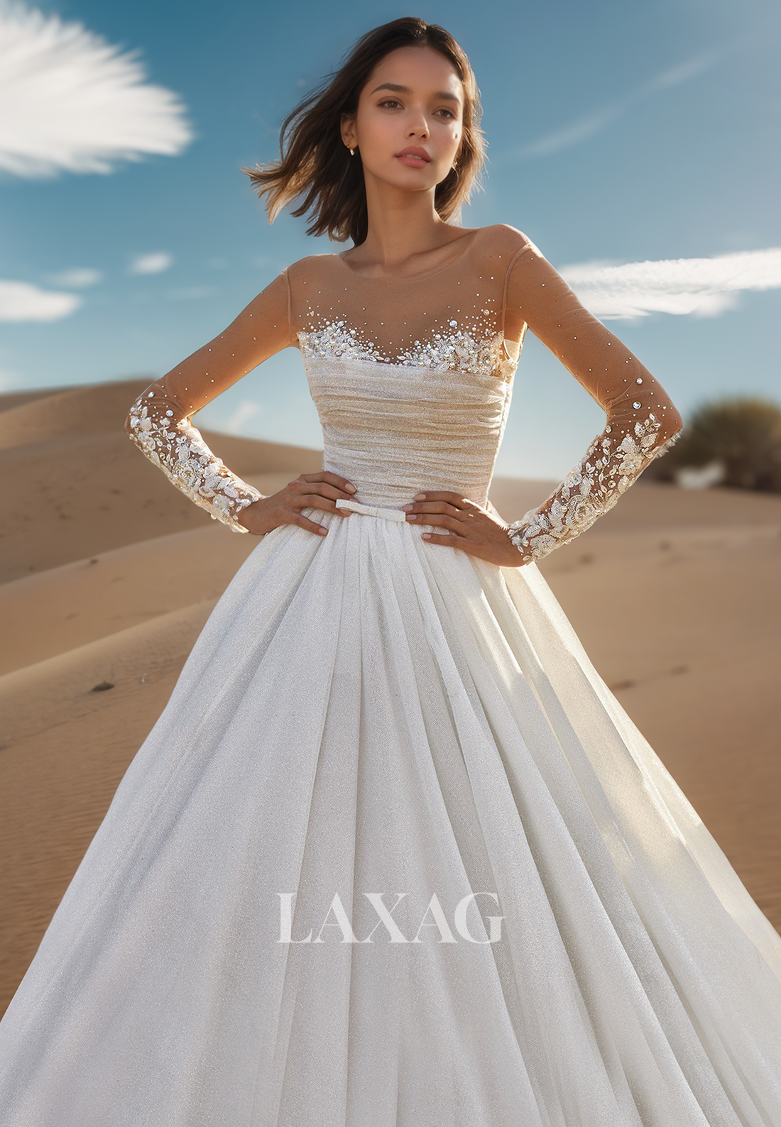 Scoop-Neck Beaded Sequined Applique Bride Gowns Long-Sleeves Glitter-Tulle Pleated A-Line Wedding Dress