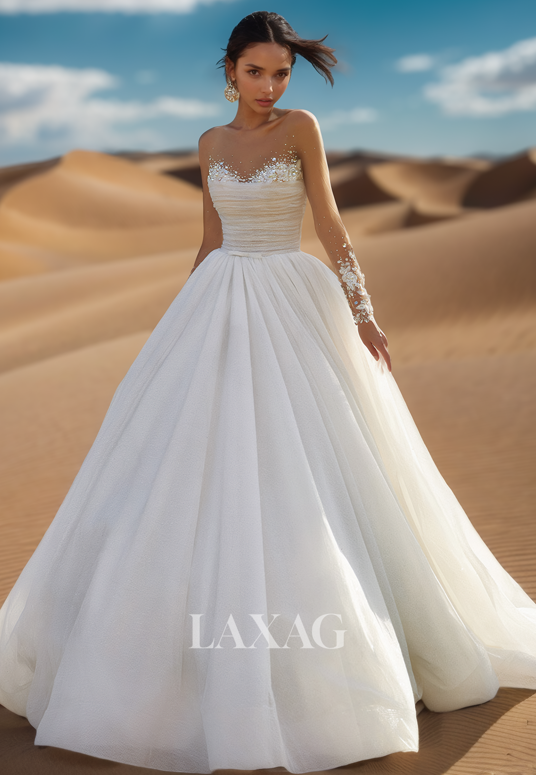 Scoop-Neck Beaded Sequined Applique Bride Gowns Long-Sleeves Glitter-Tulle Pleated A-Line Wedding Dress