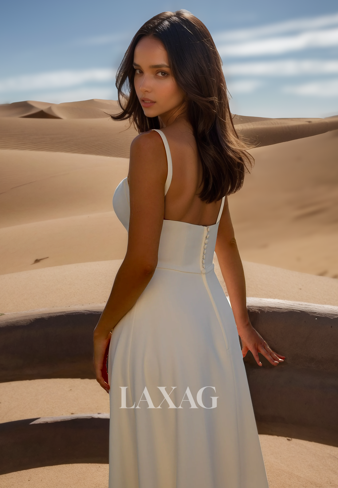 Square-Neck Off-Shoulder Sleeveless Fitted Wedding Dress Spaghetti Straps Satin Bride Gowns with High Slit