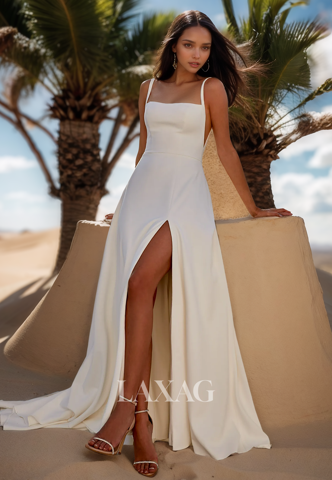 Square-Neck Off-Shoulder Sleeveless Fitted Wedding Dress Spaghetti Straps Satin Bride Gowns with High Slit