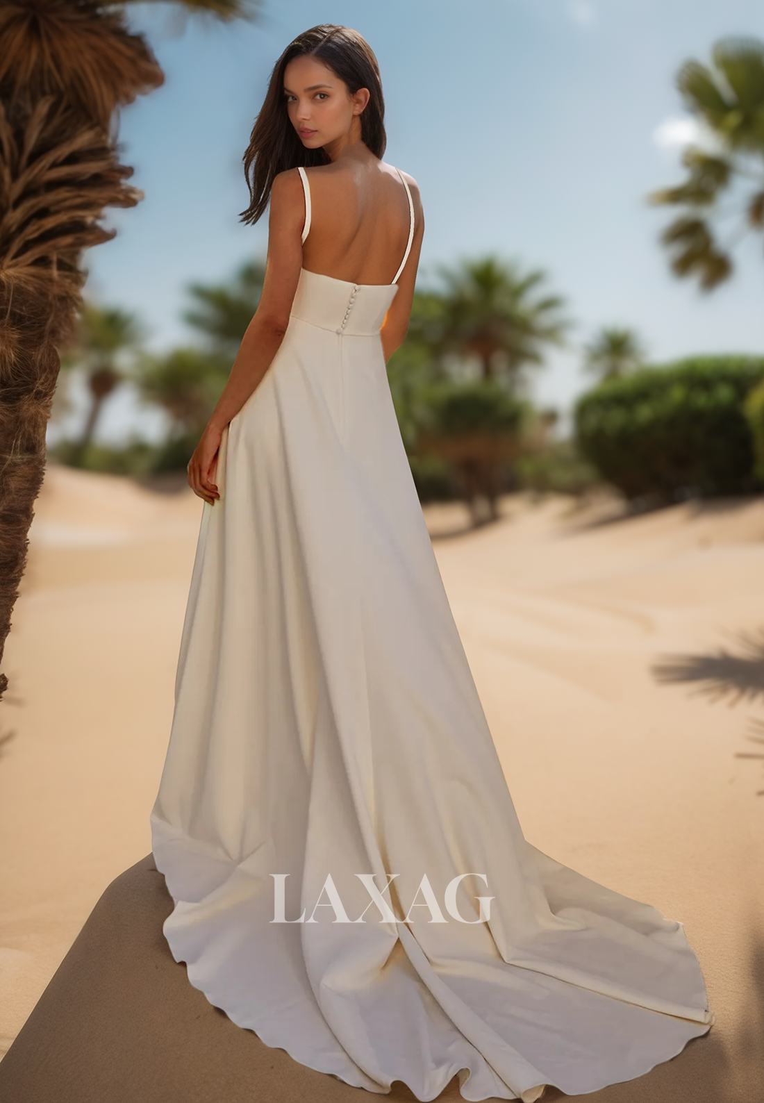 Square-Neck Off-Shoulder Sleeveless Fitted Wedding Dress Spaghetti Straps Satin Bride Gowns with High Slit