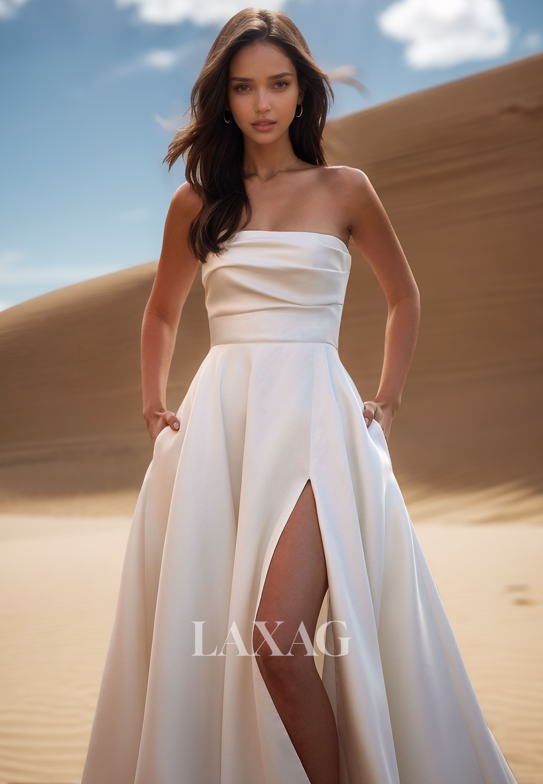 Simple Tube Top Off-Shoulder Sleeveless Pleated Sweep Train Satin A-Line Wedding Dress with High Slit