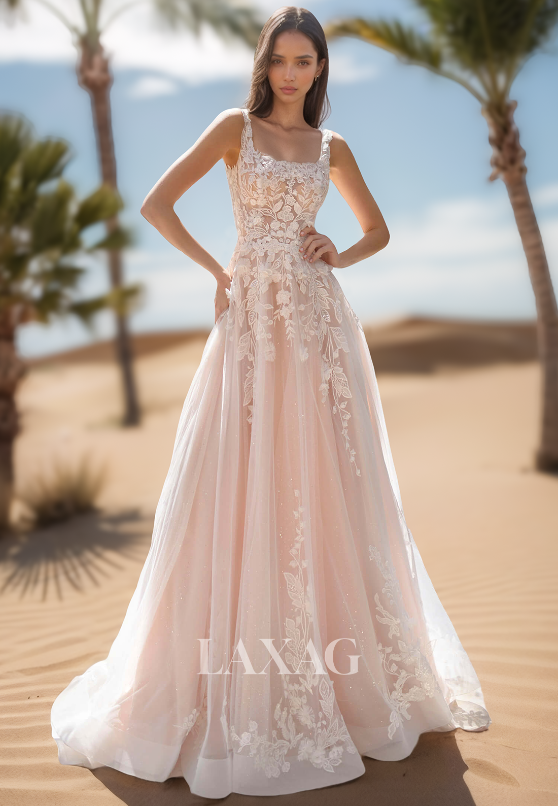 Square-Neck Straps Sleeveless Tulle Bride Gowns Off-Shoulder Applique Beaded A-Line Wedding Dress