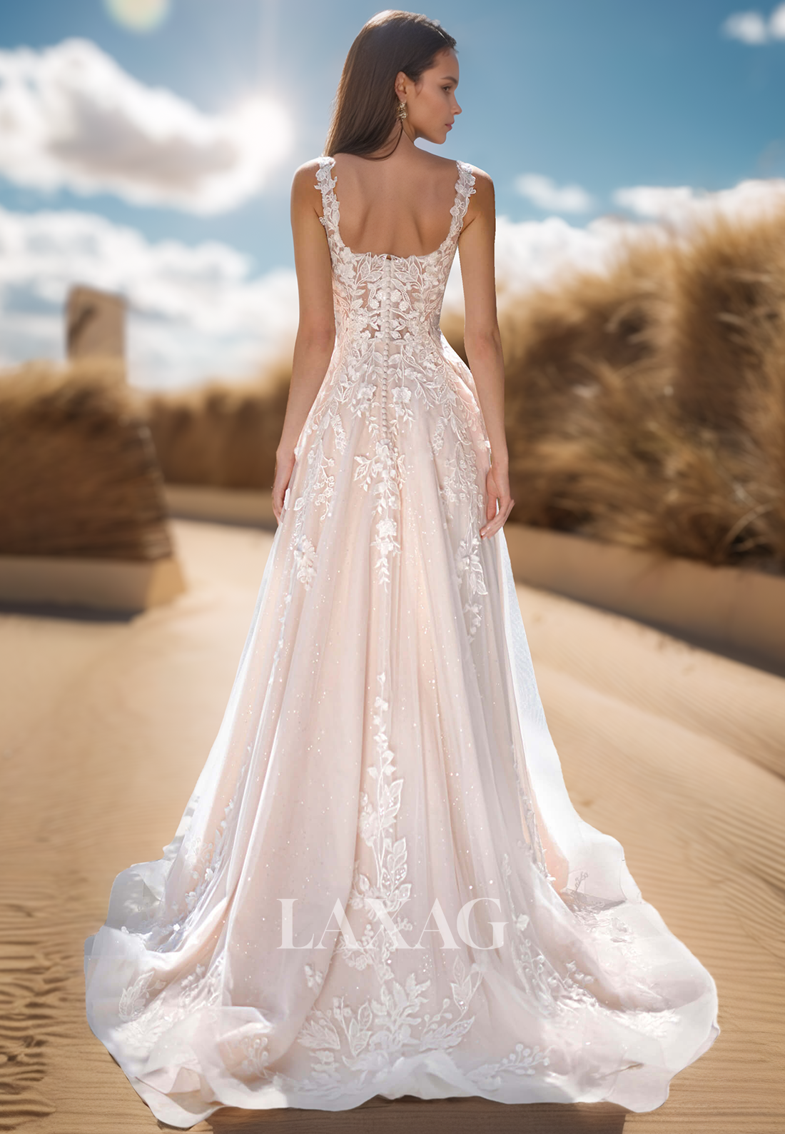 Square-Neck Straps Sleeveless Tulle Bride Gowns Off-Shoulder Applique Beaded A-Line Wedding Dress