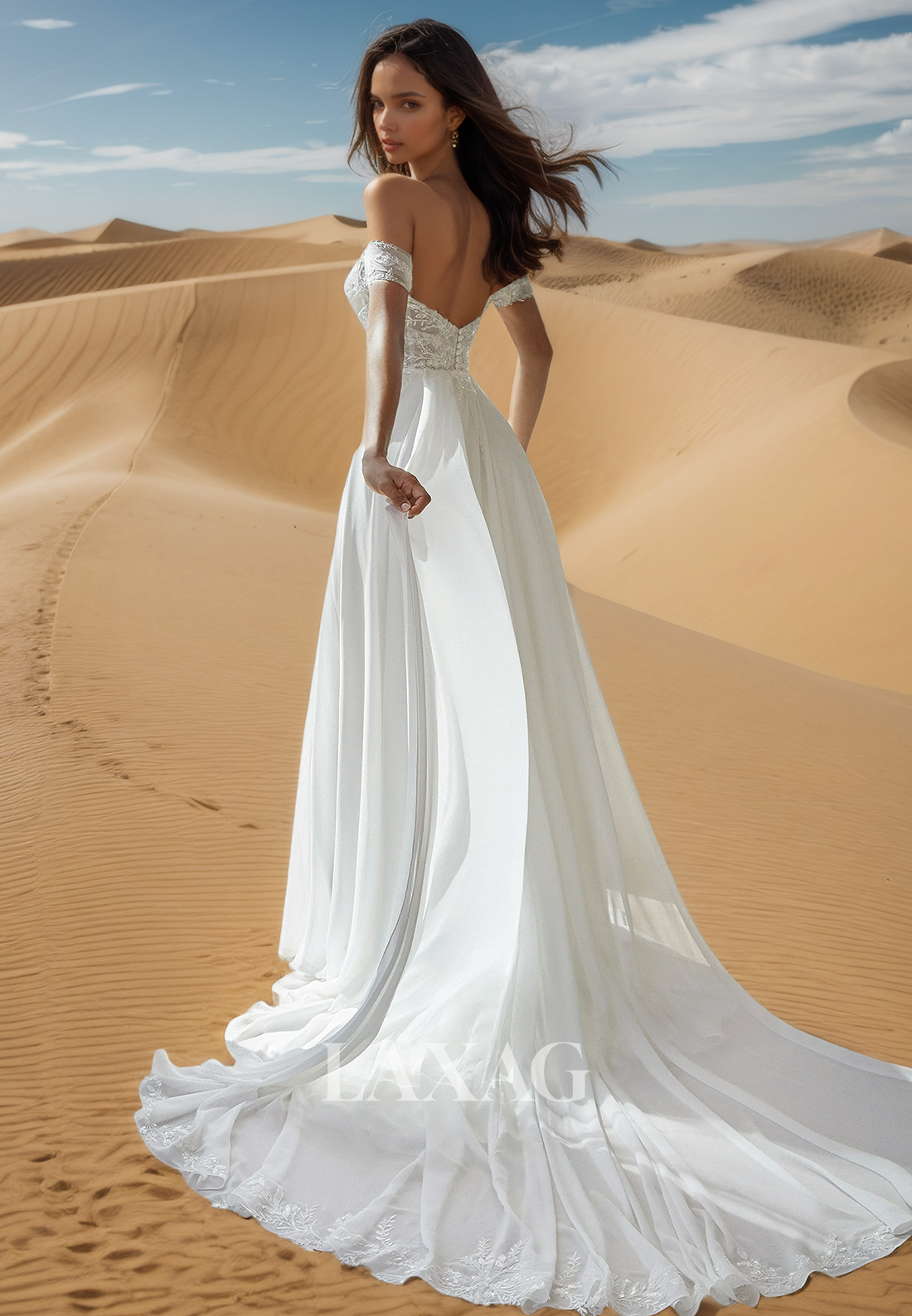 Sweetheart Off-Shoulder Sleeveless Fitted Wedding Dress Applique Beaded High Slit Chiffon Bride Gowns