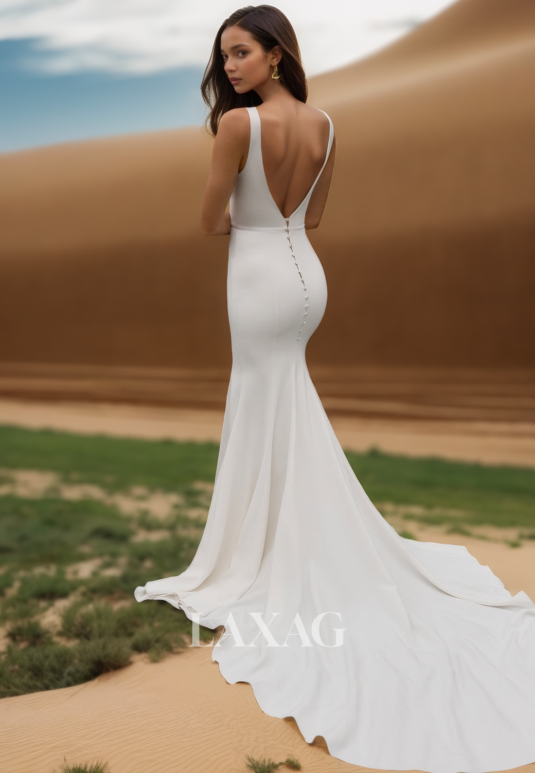 Straps Deep V-Neck Off-Shoulder Chiffon Bride Gowns Sleeveless Pleated Mermaid Wedding Dress
