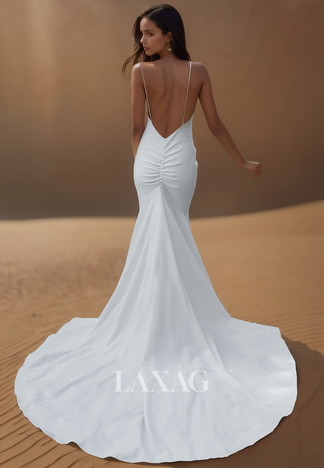V-Neck Spaghetti Straps Off-Shoulder Sleeveless Pleated Mermaid Wedding Dress with Sweep Train
