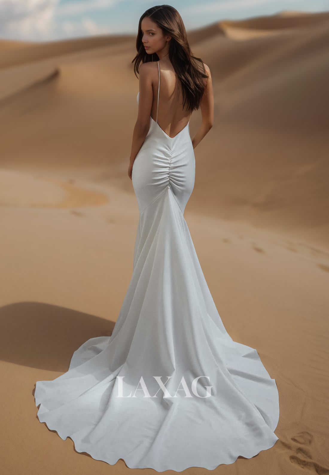V-Neck Spaghetti Straps Off-Shoulder Sleeveless Pleated Mermaid Wedding Dress with Sweep Train