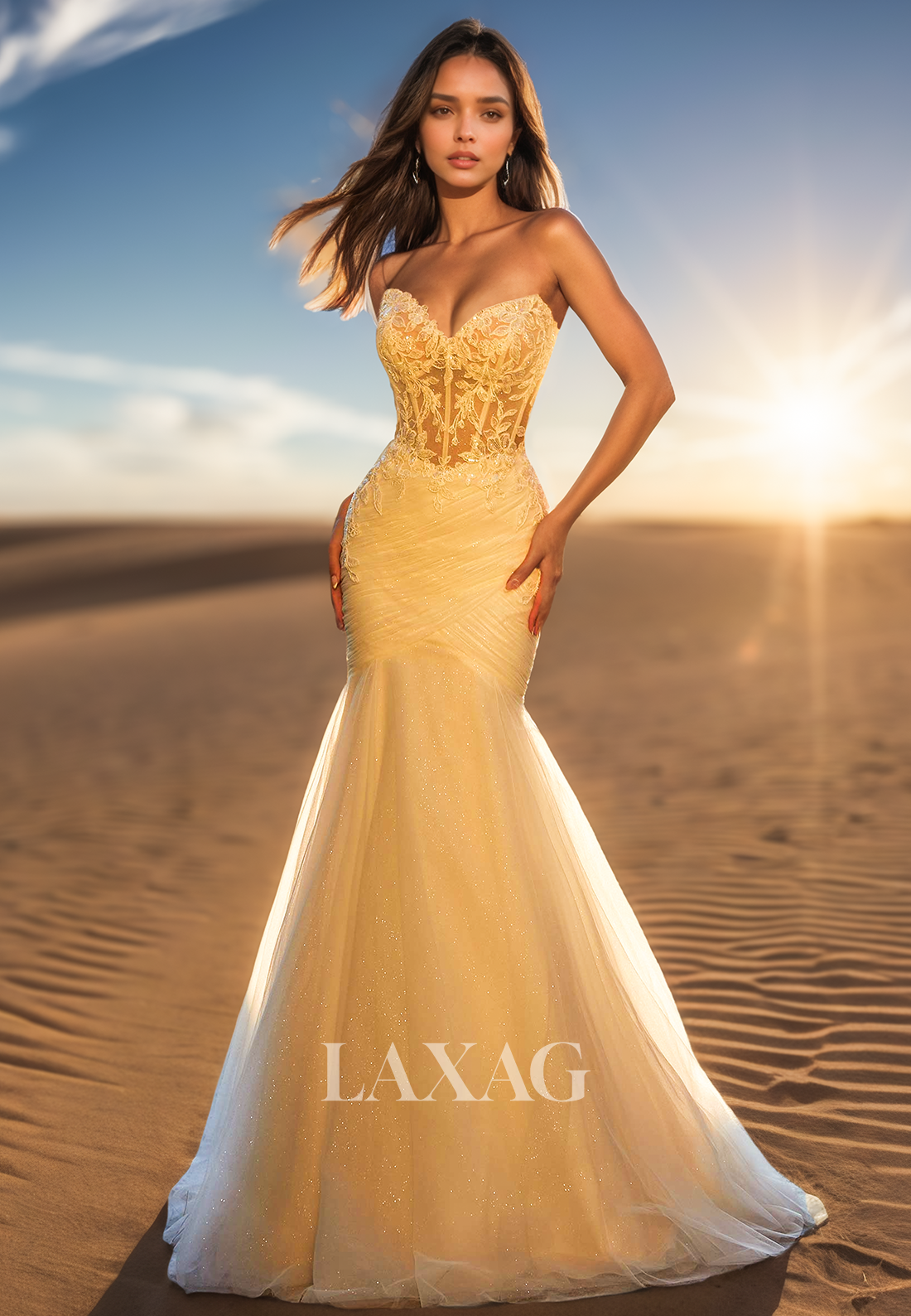 Sweetheart Beaded Applique Pleated Bride Gowns Sleeveless Glitter-Tulle Mermaid Wedding Dress