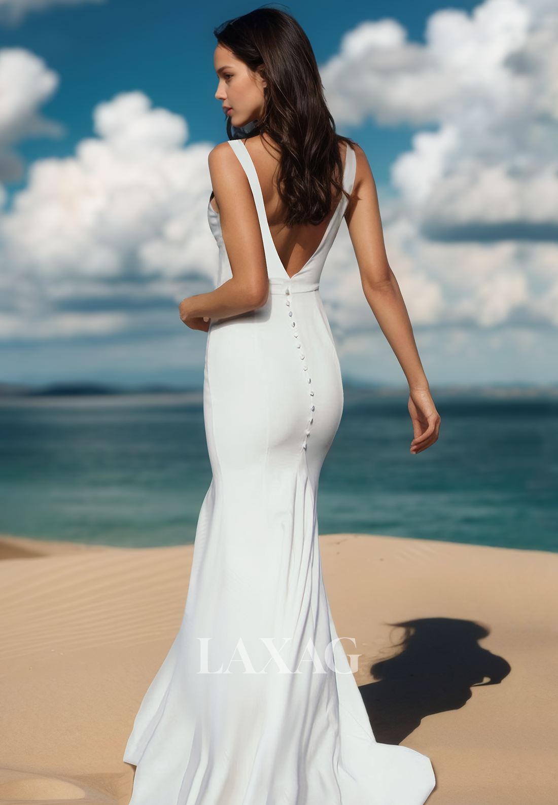 Straps Deep V-Neck Off-Shoulder Chiffon Bride Gowns Sleeveless Pleated Mermaid Wedding Dress