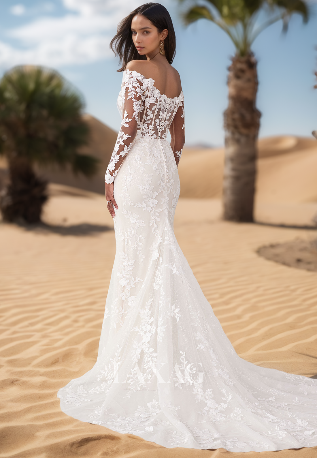 V-Neck Off-Shoulder Long-Sleeves Tulle Bride Gowns Fully Foliage Motif Applique Mermaid Wedding Dress