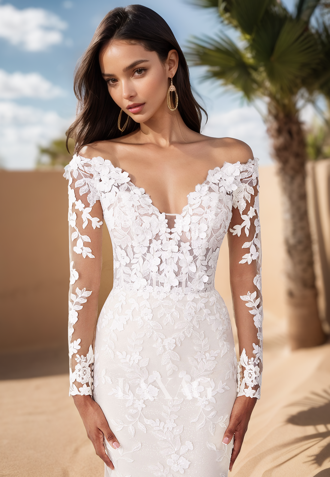 V-Neck Off-Shoulder Long-Sleeves Tulle Bride Gowns Fully Foliage Motif Applique Mermaid Wedding Dress