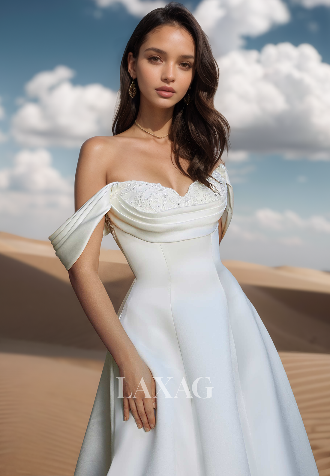 A-Line Sweetheart Off-Shoulder Sleeveless Beaded Applique Pleated Sweep Train Satin Wedding Dress with Big Bow
