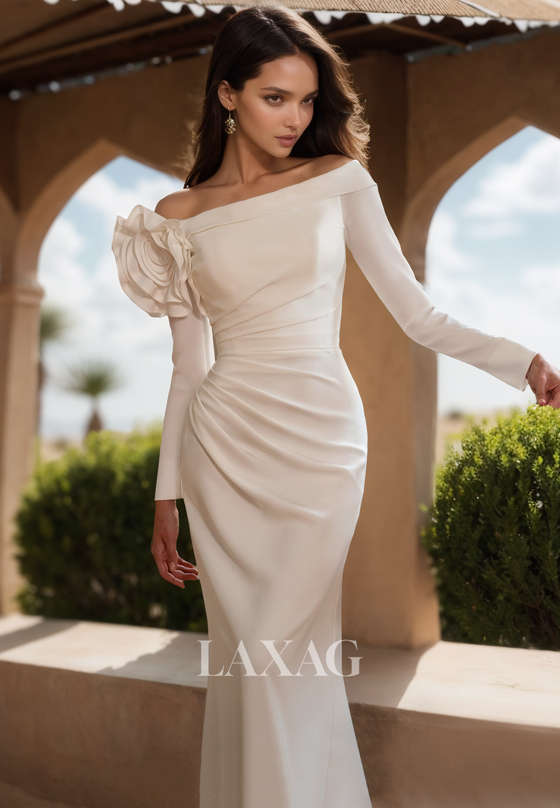 Asymmetrical-Neck Long-Sleeves Mermaid Wedding Dress Pleated Satin Bride Gowns with Floral Embellished