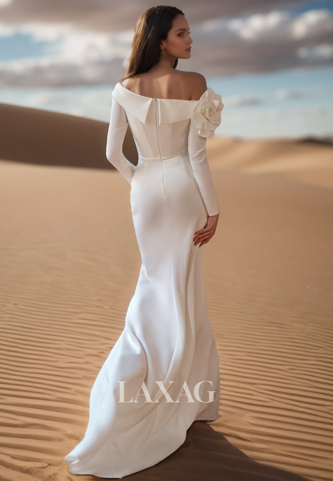 Asymmetrical-Neck Long-Sleeves Mermaid Wedding Dress Pleated Satin Bride Gowns with Floral Embellished
