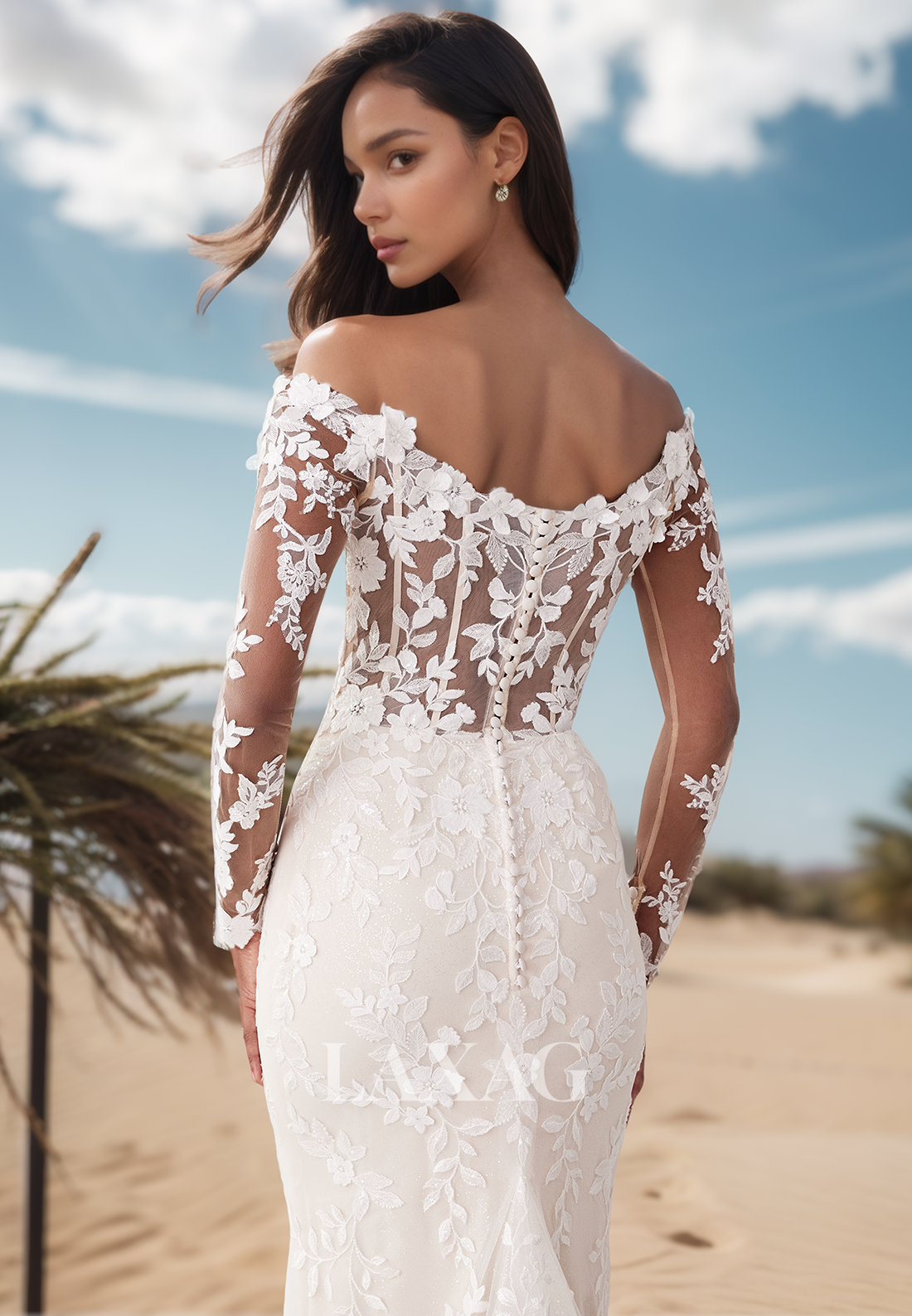 V-Neck Off-Shoulder Long-Sleeves Tulle Bride Gowns Fully Foliage Motif Applique Mermaid Wedding Dress