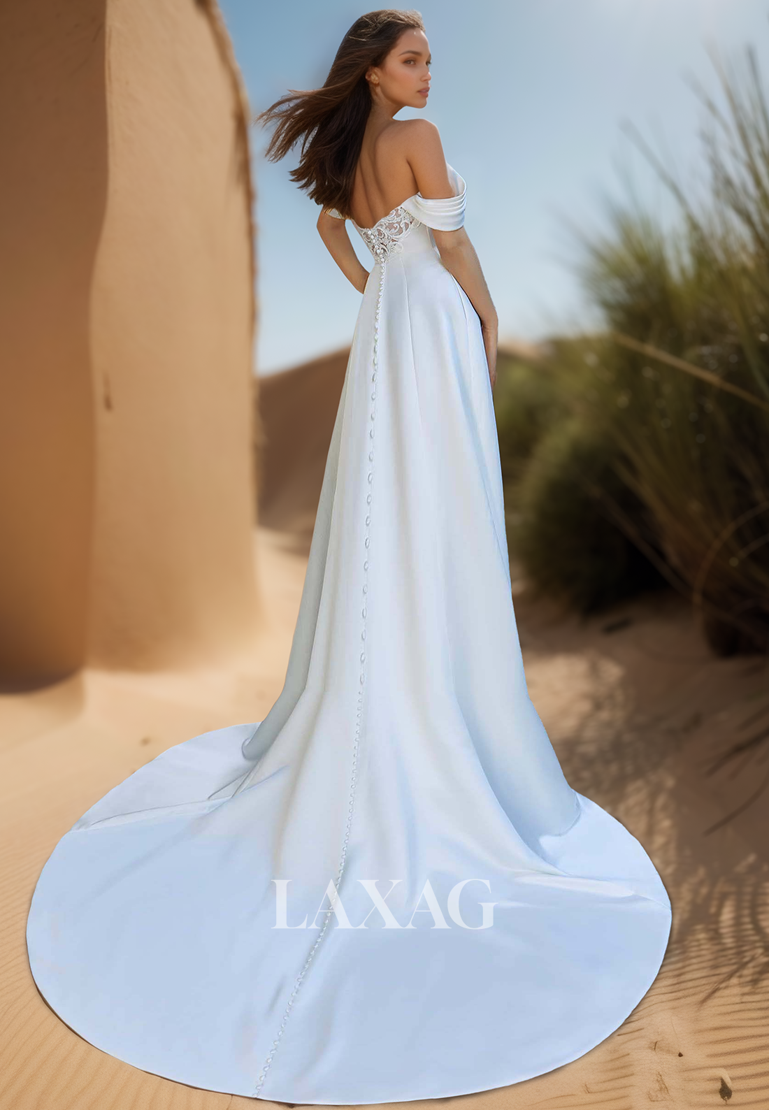 A-Line Sweetheart Off-Shoulder Sleeveless Beaded Applique Pleated Sweep Train Satin Wedding Dress with Big Bow