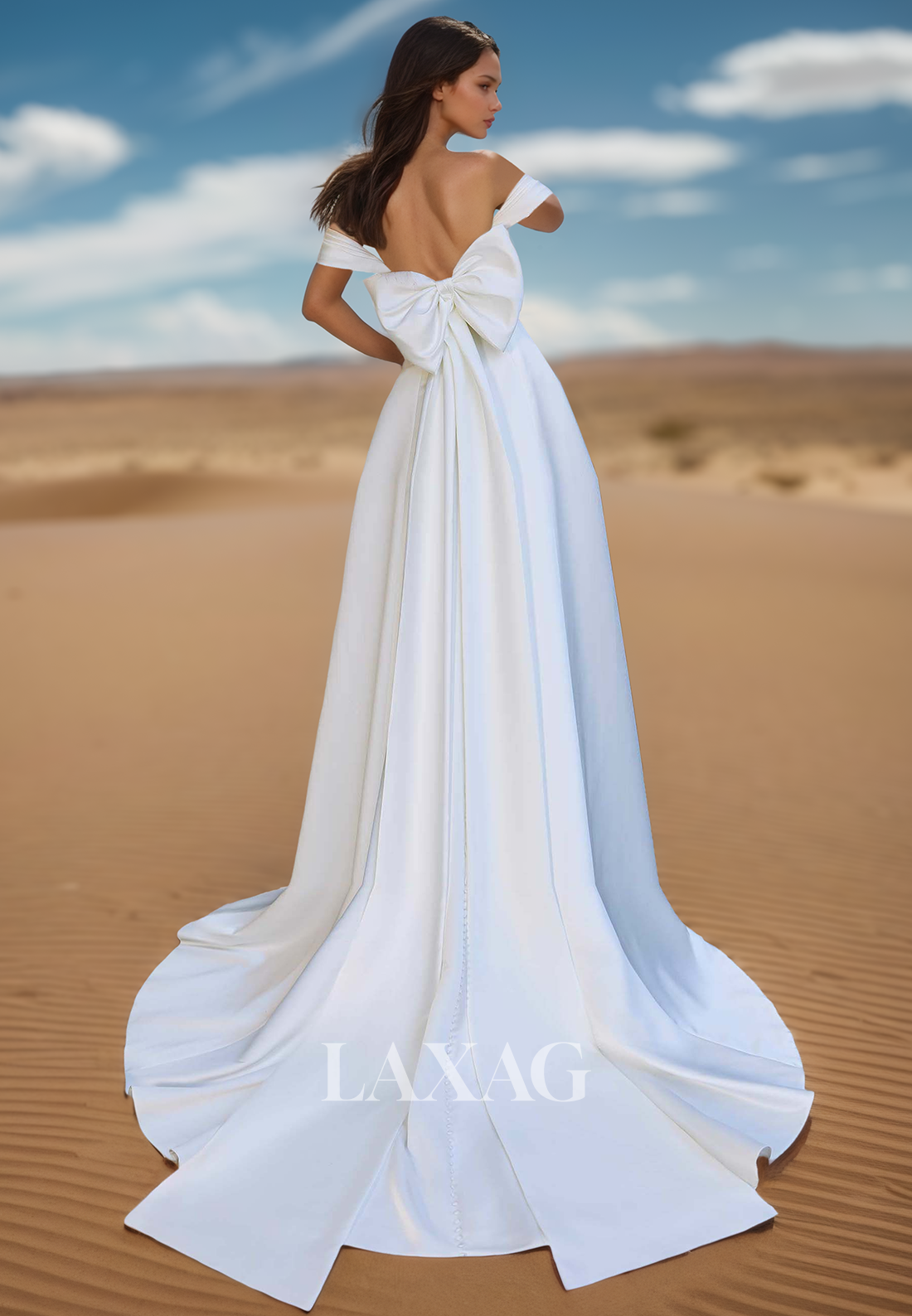 A-Line Sweetheart Off-Shoulder Sleeveless Beaded Applique Pleated Sweep Train Satin Wedding Dress with Big Bow