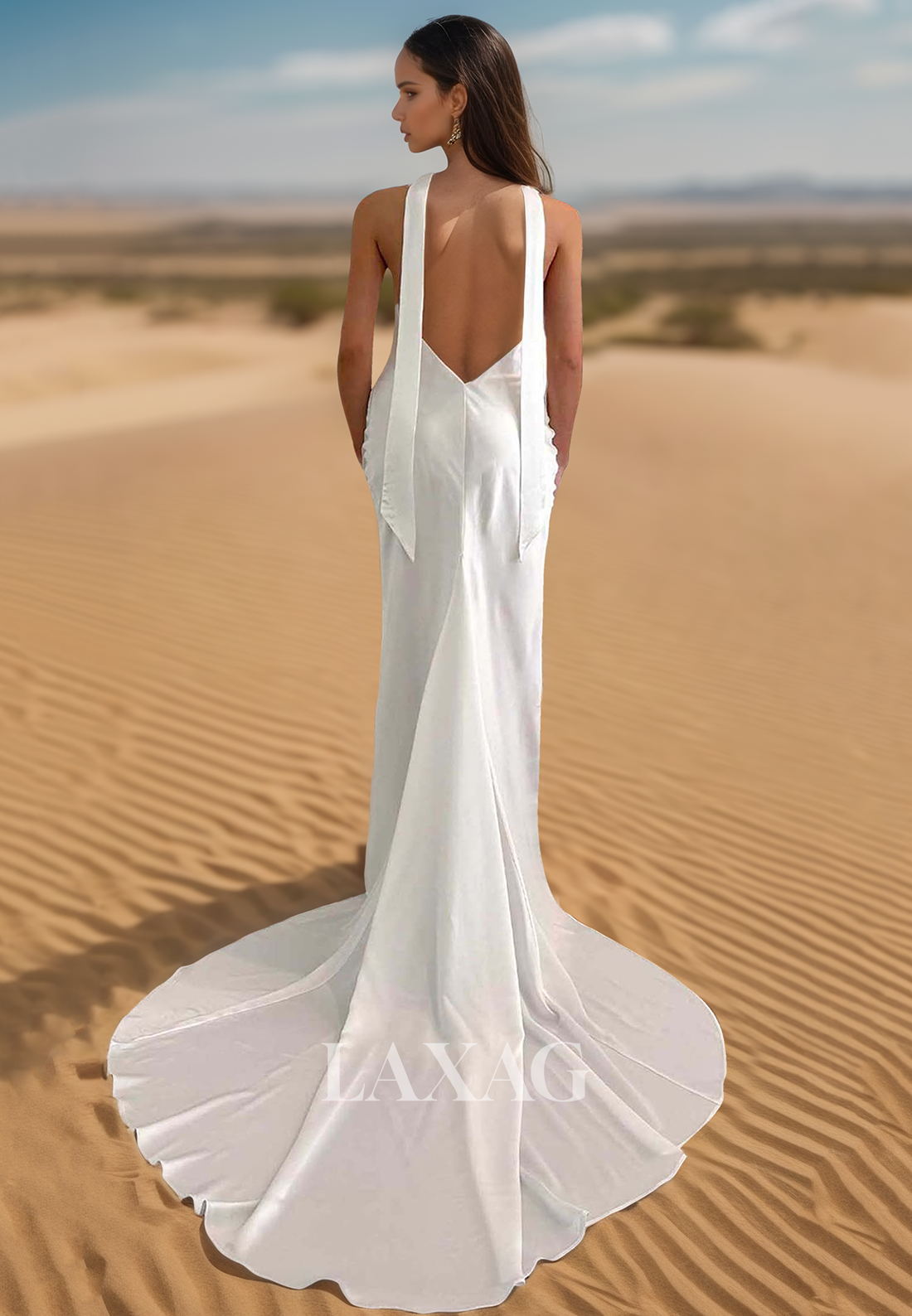 Halter Deep V-Neck Off-Shoulder Sleeveless Mermaid Wedding Dress Pleated Sweep Train Bride Gowns