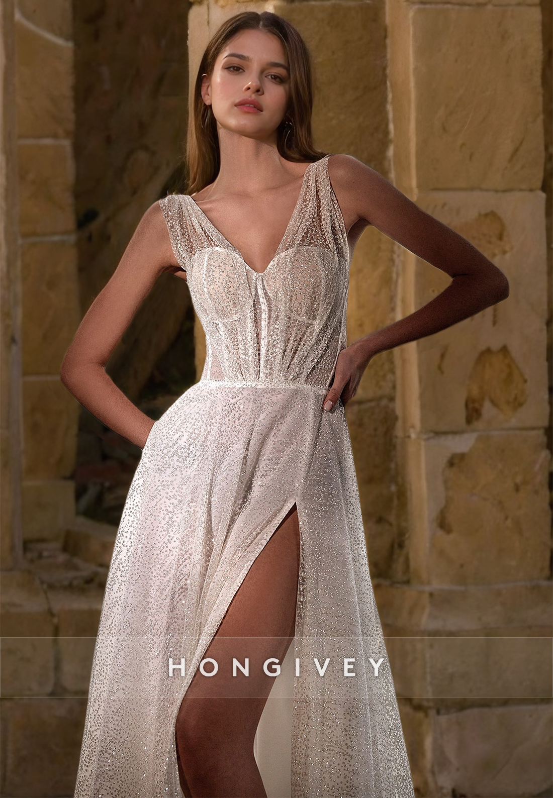 H0893 - Sparkly Illusion Tiered With Train And Slit Long Wedding Dress
