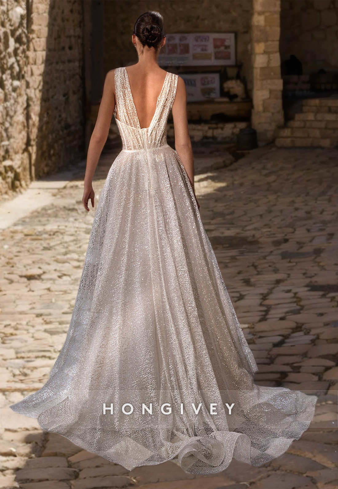 H0893 - Sparkly Illusion Tiered With Train And Slit Long Wedding Dress